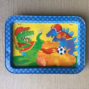 Vintage TV Tray 1980s 1 2 3 Dinosaurs Playing Sports Metal Folding Legs